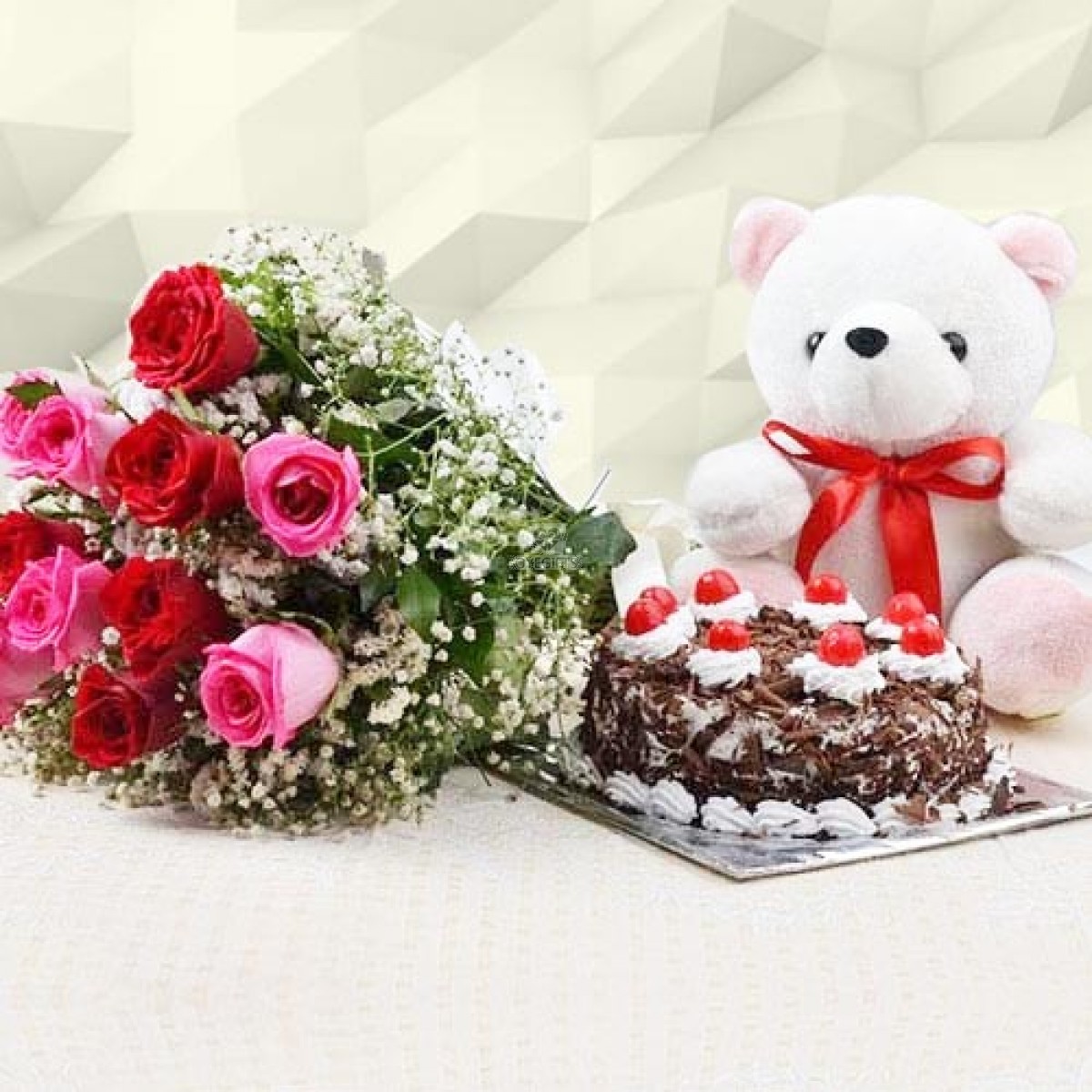 Mix Roses Bunch & Cake With Teddy